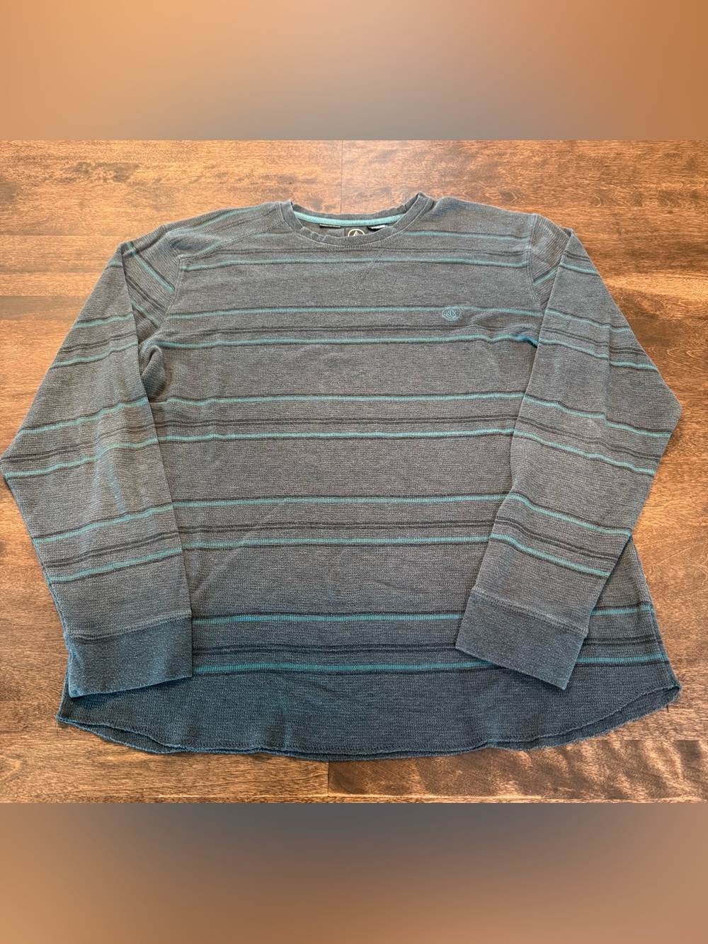 Volcom Men's Charcoal Crewneck Sweatshirt with Teal Stripes